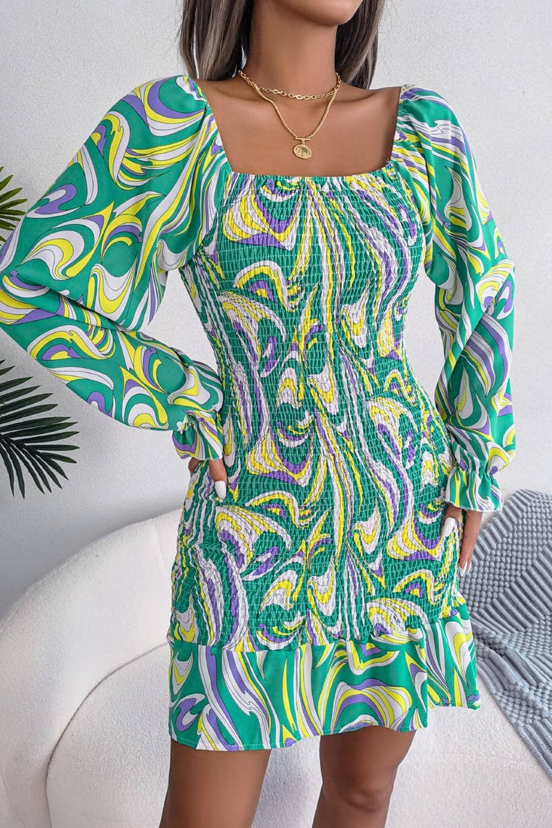 CWDMD4717_SEXY SQUARE NECK LONG SLEEVE RUFFLED HIP DRESS