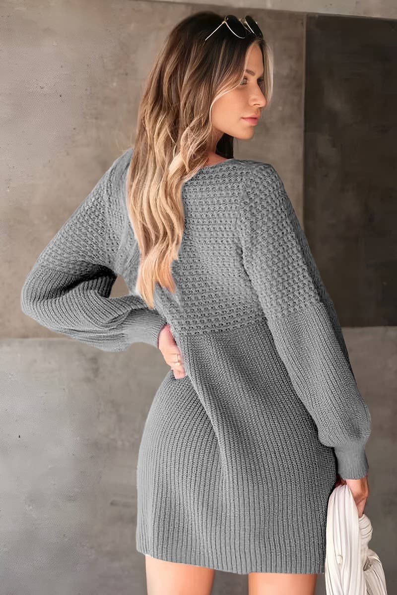 CWDSD10582_V NECK PUFF SLEEVE SOLID KNIT SWEATER DRESS