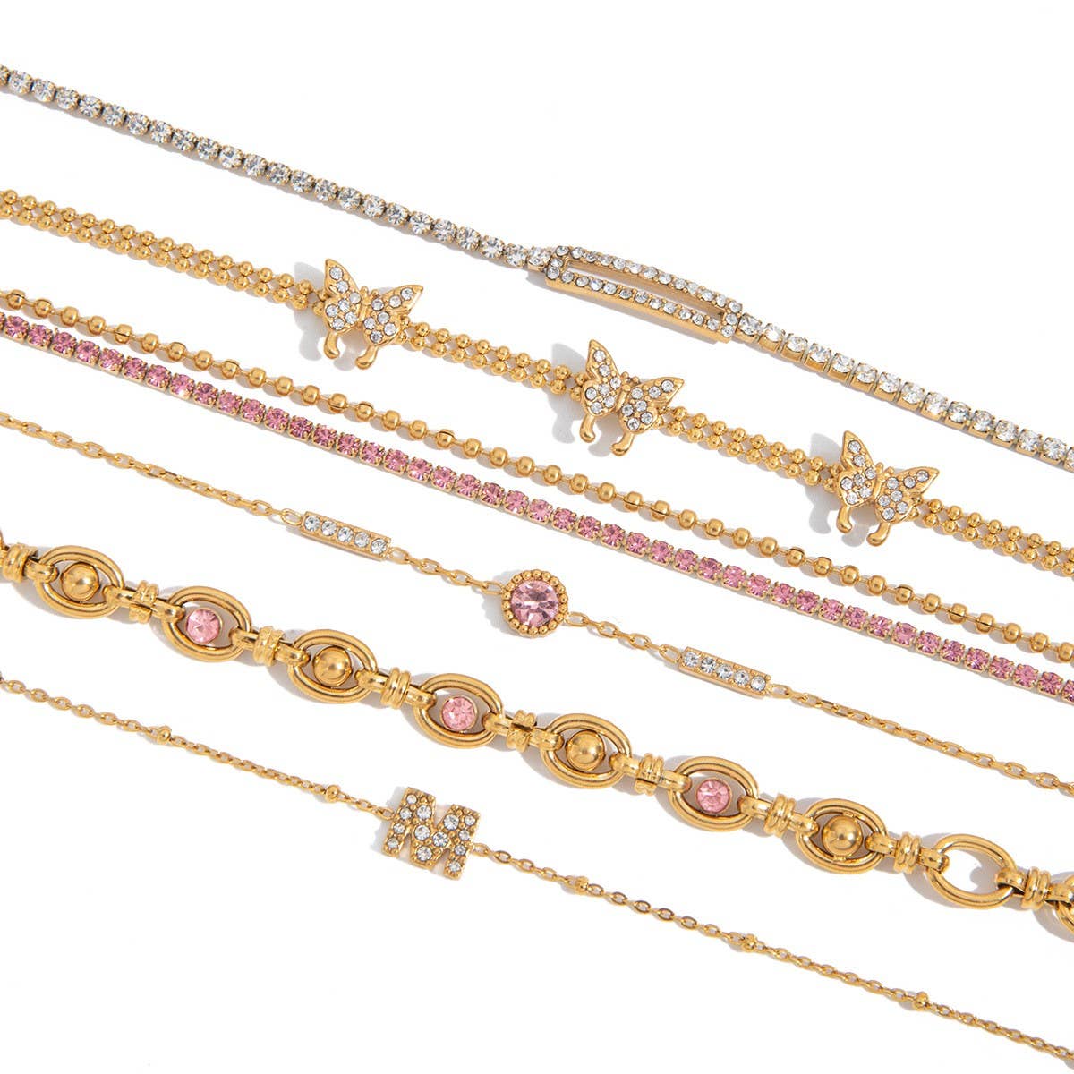 18K Gold Pink Zircon Round Chain Bracelet, Steel_CWAJE4678