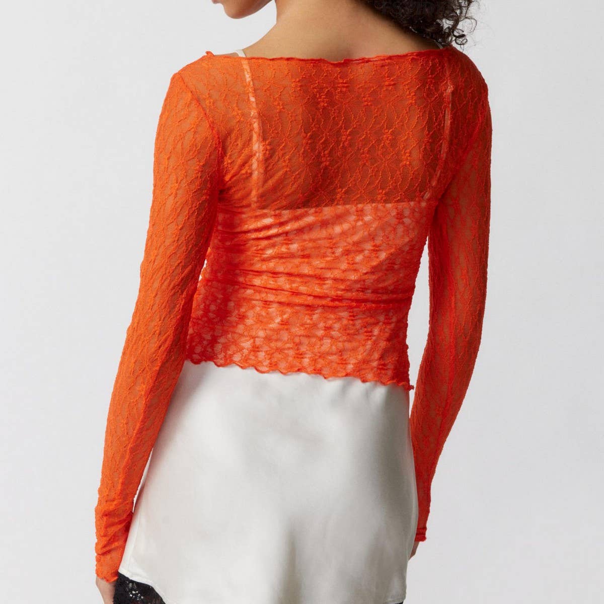 SEMI SHEER MESH LACE T-SHIRT SLIM-FIT CROPPED TOP