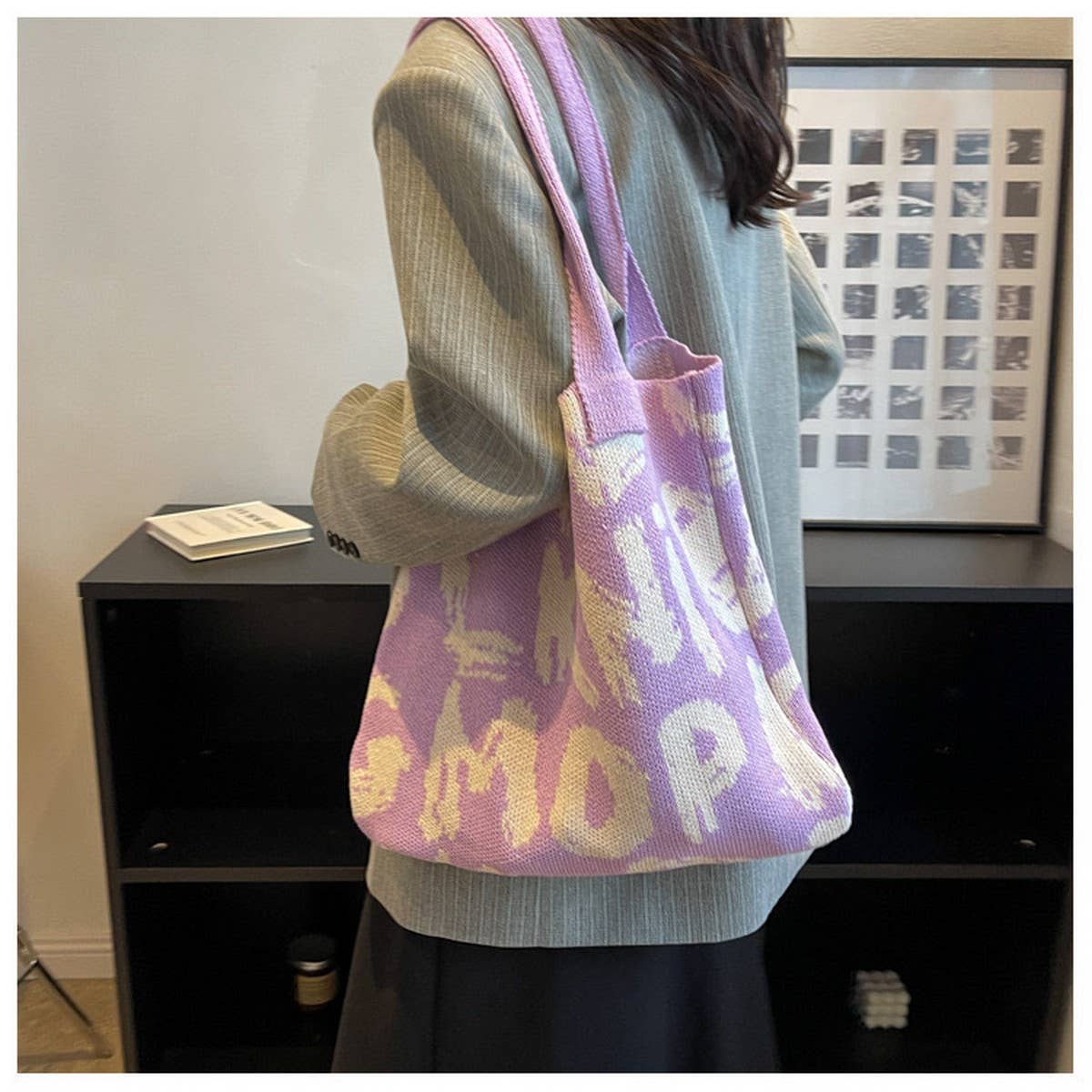 CWAB4572_LETTER PRINTED KNITTED SINGLE SHOULDER HANDLE BAG