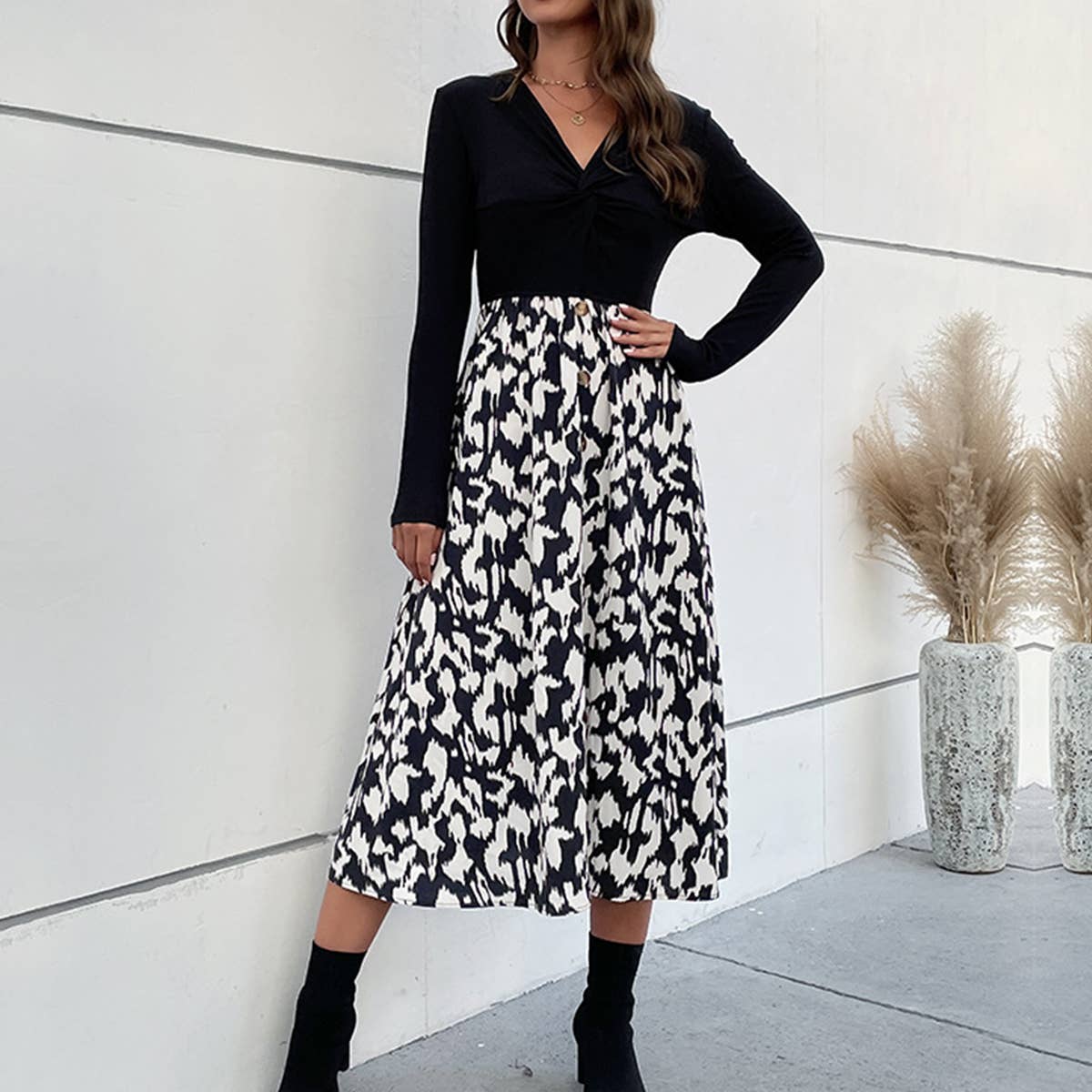 WOMEN'S FAKE TWO-PIECE PATCHWORK BUTTON DRESS