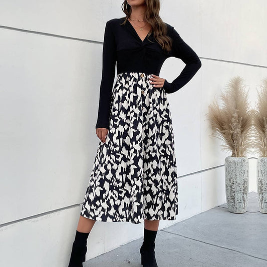 WOMEN'S FAKE TWO-PIECE PATCHWORK BUTTON DRESS