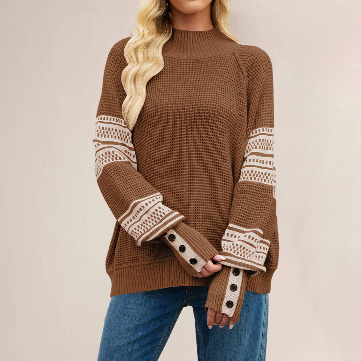 Knitted color-blocked semi-high-neck sweater