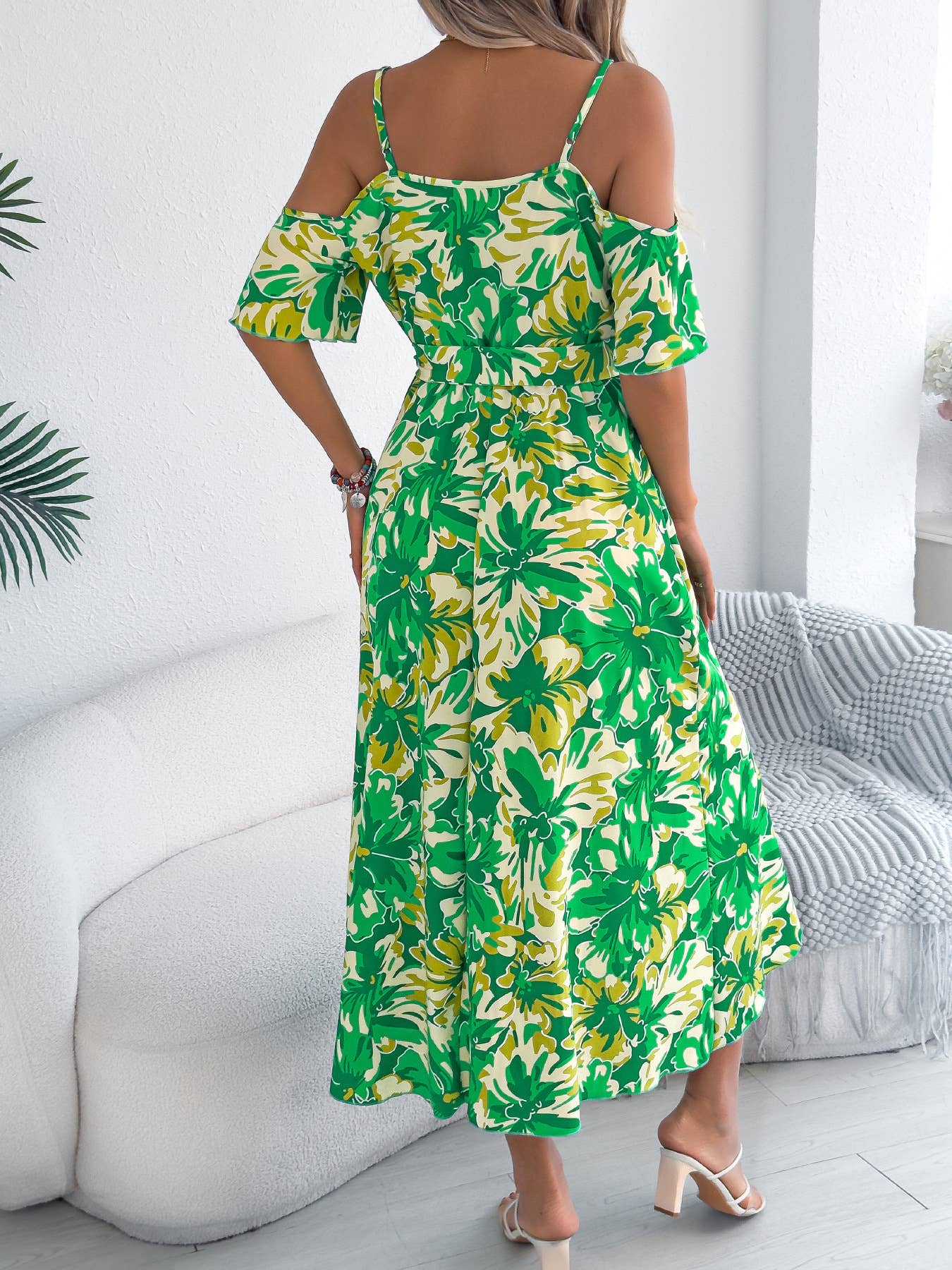 Off-the-shoulder cross-neck printed halter dress
