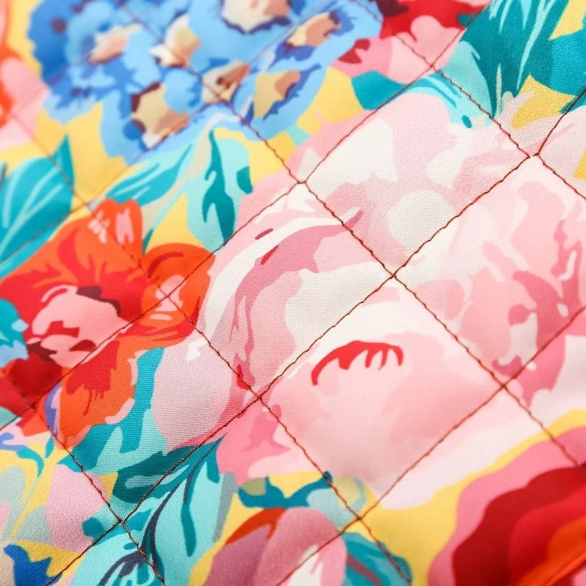 FLORAL PRINT CREW NECK PUFF SLEEVE QUILTED JACKETS