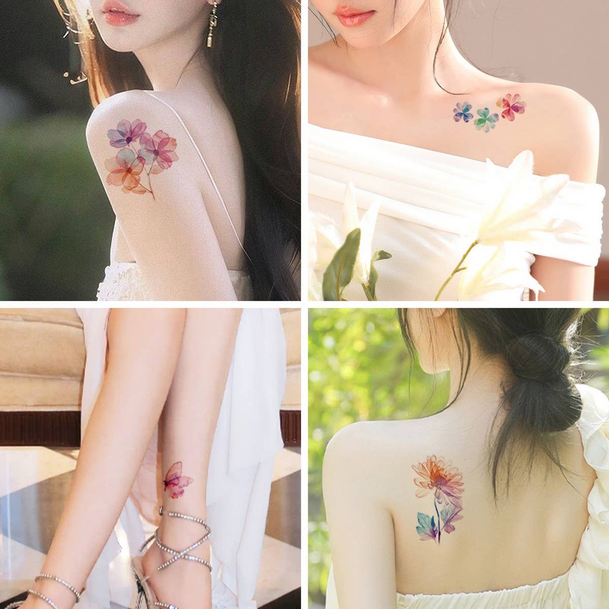 Watercolor Flower Tattoos for Hand & Collarbone