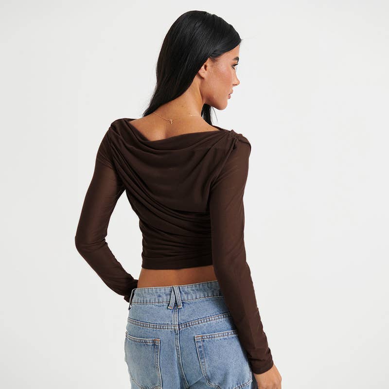 ROUND NECK SOLID COLOR MESH PLEATED CROP TOP