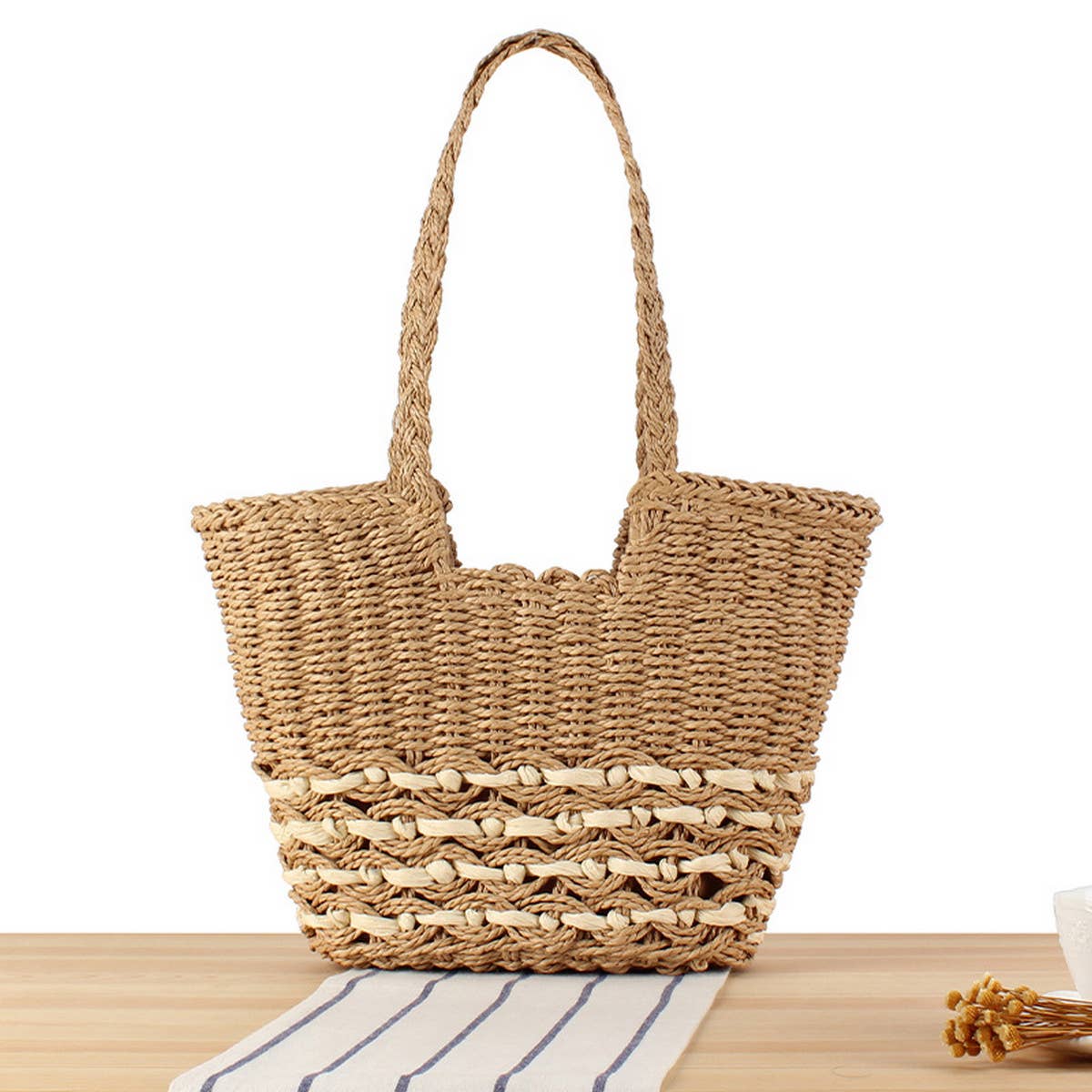 LARGE-CAPACITY BEACH PAPER ROPE HOLLOW WOVEN BAG_CWAB2031