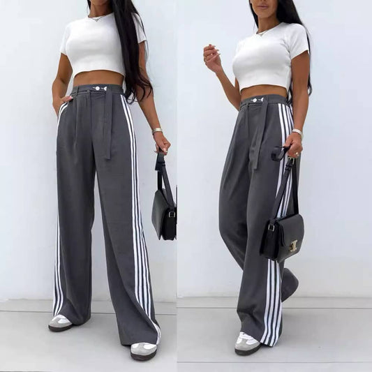 STRIPED PATCHWORK LACE-UP CASUAL SLACKS