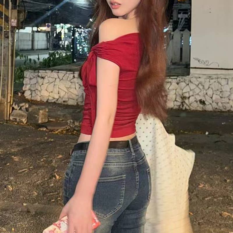 Slim Fit Red Off Shoulder Tie Front Tee
