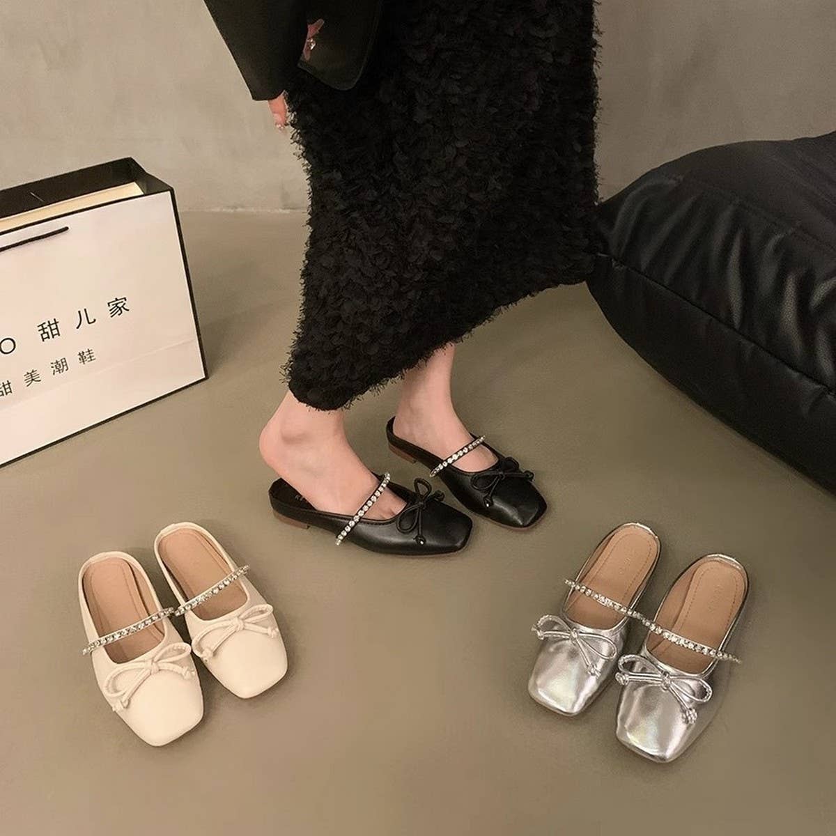 Silver Bow Mules for Women Flat Closed Toe