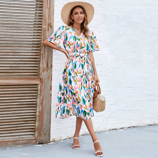 V-Neck Puff Sleeve Tie Waist Maxi Dress