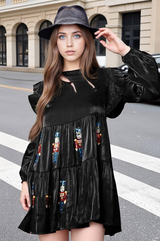 CWDSD10902_SEQUIN SOLDIER EMBROIDERY LONG SLEEVE DRESS