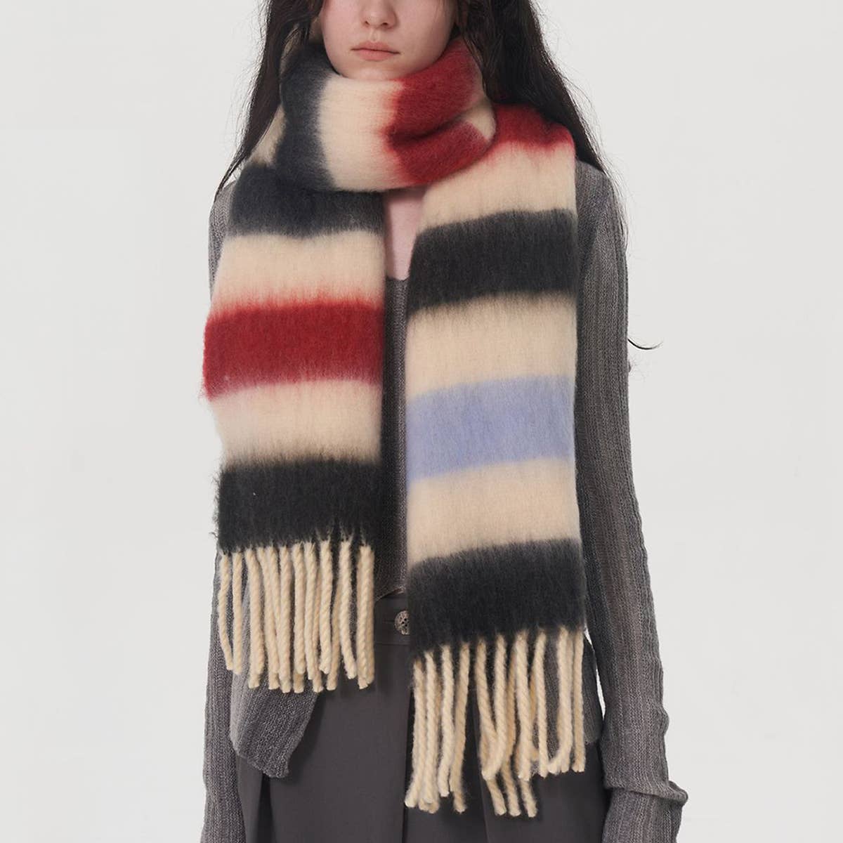 WOMEN CONTRASTING STRIPED FRINGED PLAID SCARF