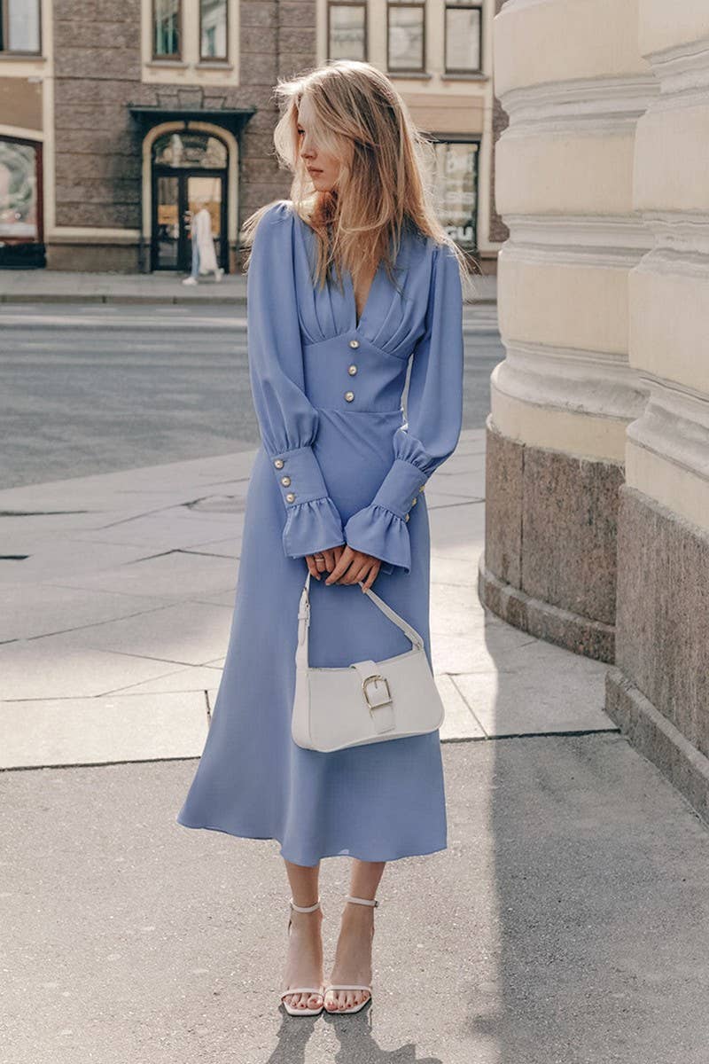 CWDMD4260_LANTERN SLEEVE V-NECK RETRO SLIM DRESS