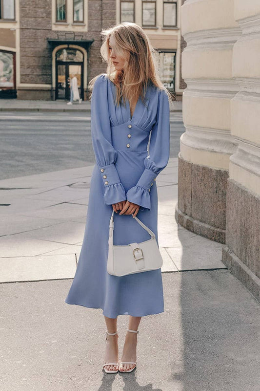 CWDMD4260_LANTERN SLEEVE V-NECK RETRO SLIM DRESS