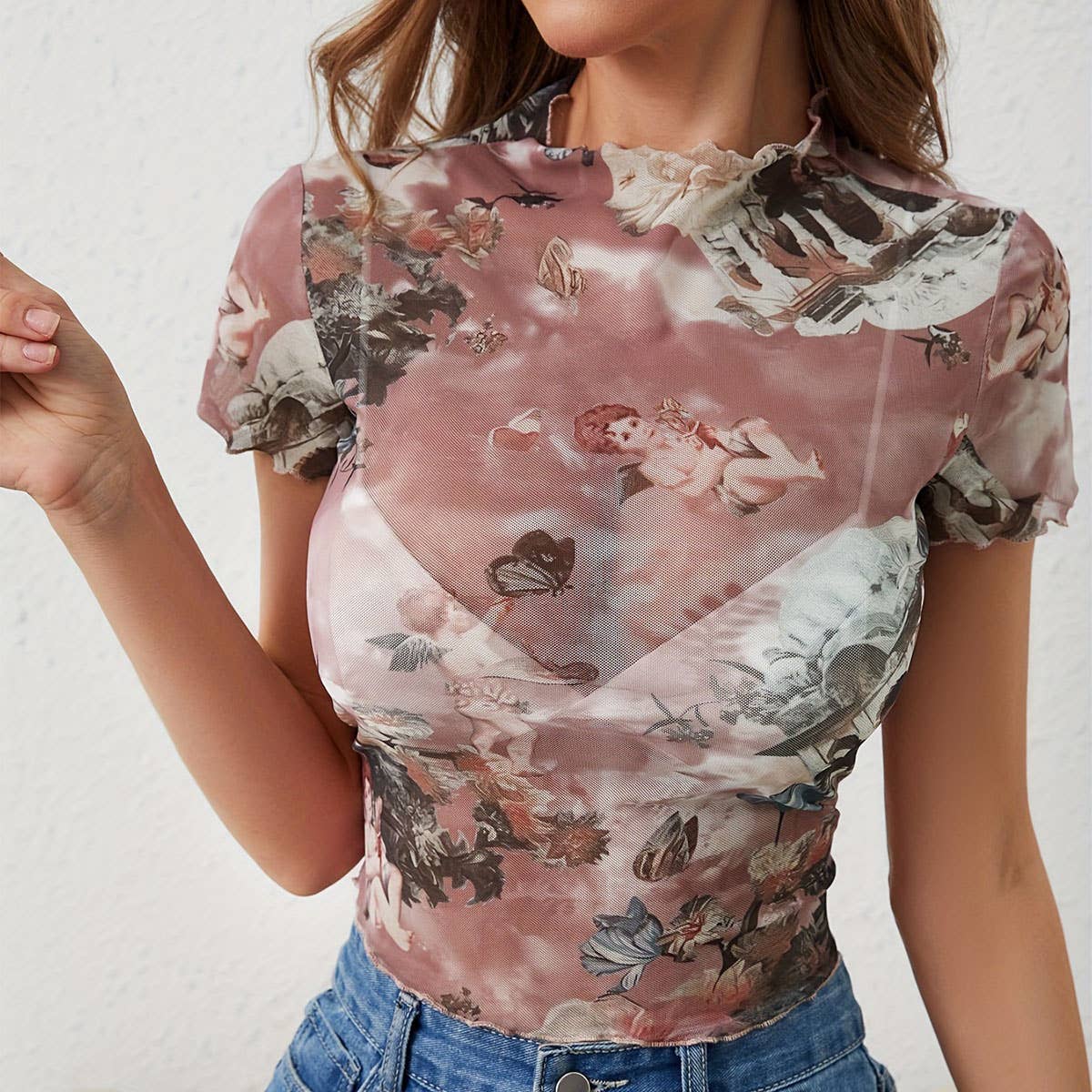 FLORAL PRINT MESH TOP WITH RUFFLE DETAILING