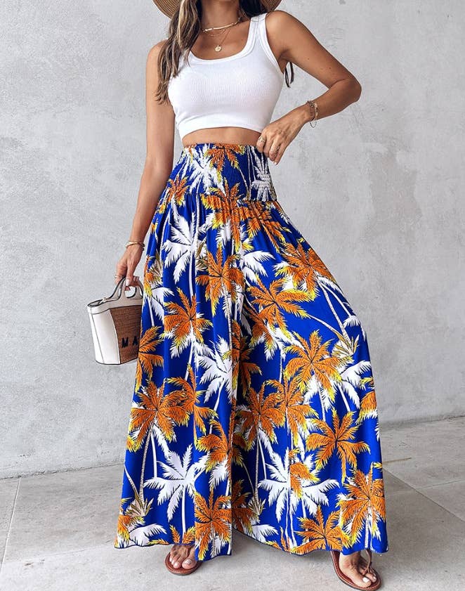 Tropical print retro floral print wide leg pants