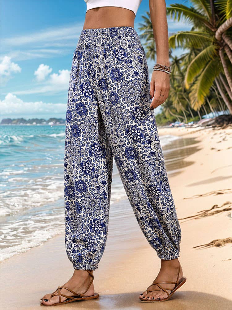 HIGH-WAISTED ETHNIC HOLIDAY PRINTED TROUSERS
