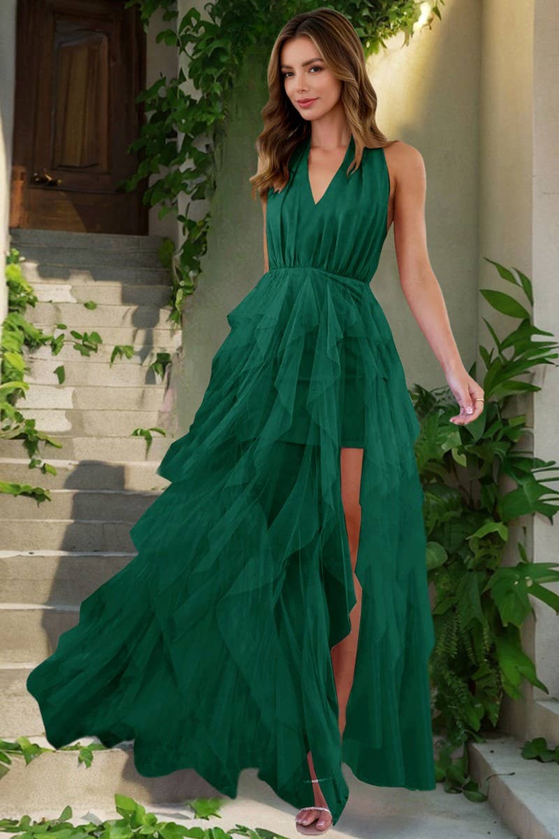 CWDMD6127_SEXY V-NECK TIE IRREGULAR SLIT MESH GOWN