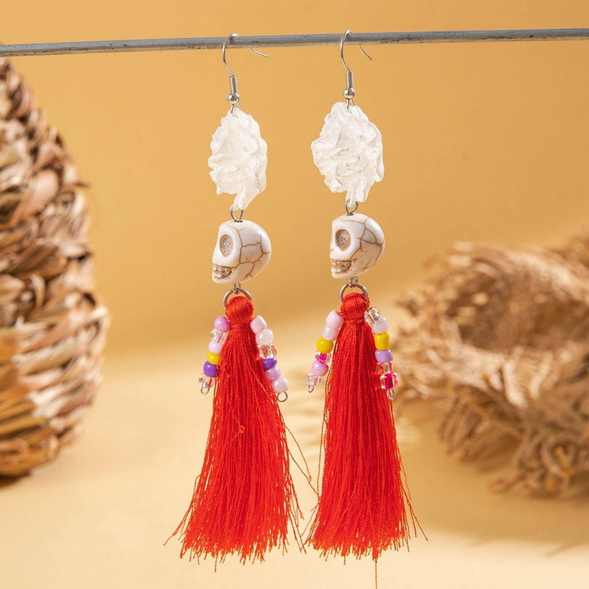 HALLOWEEN SKULL TASSEL RICE BEAD EARRINGS