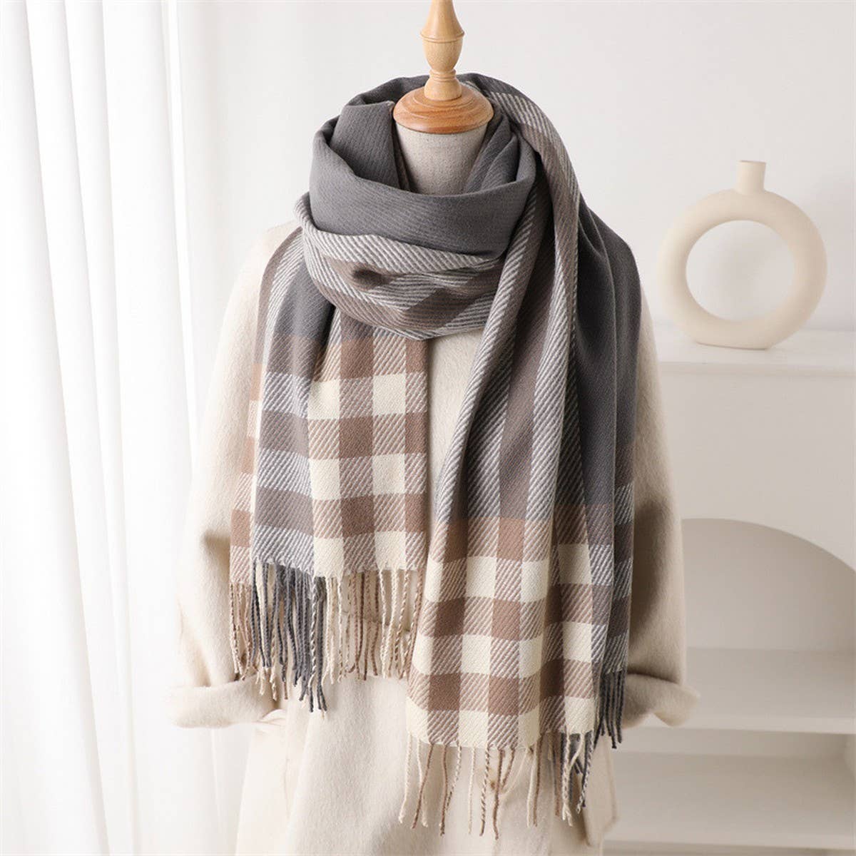 Modern Plaid Fringe Scarf with Luxe Texture