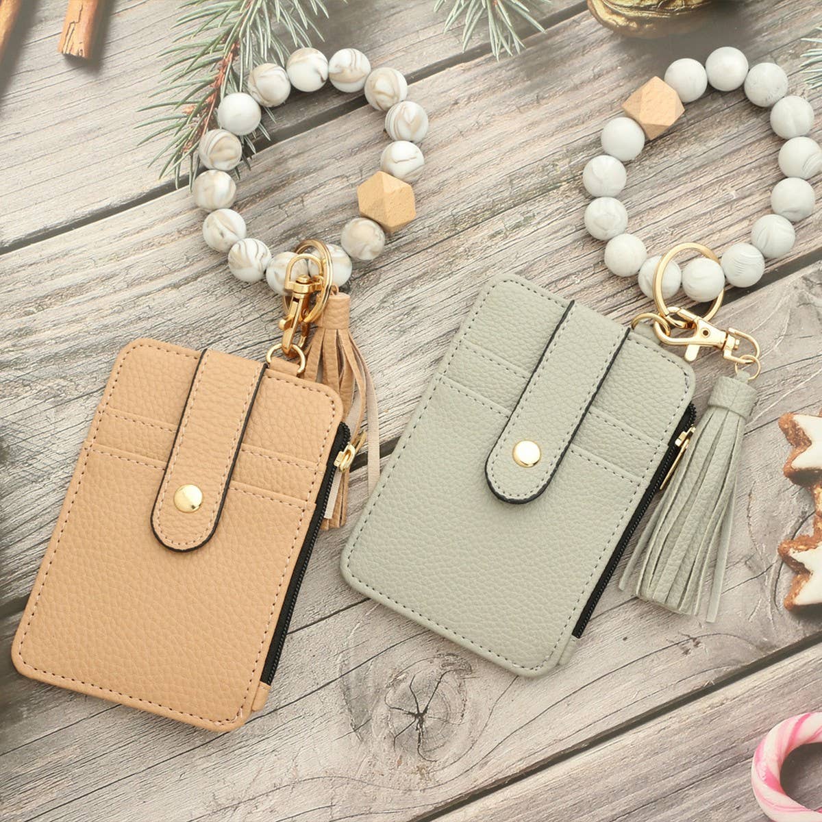 Leather Card Wallet with Silicone Bead Keychain_CWAB4940