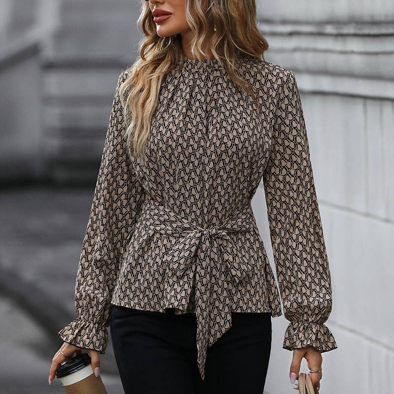 Lace-up shirt Long sleeve printed shirt
