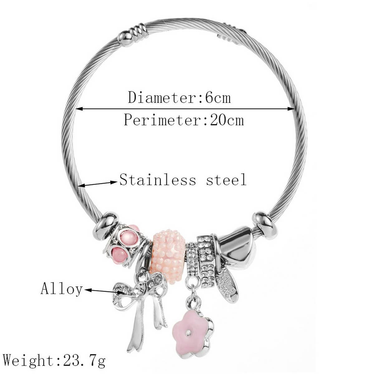 Silver Steel Bracelet with Bow & Flower Charms