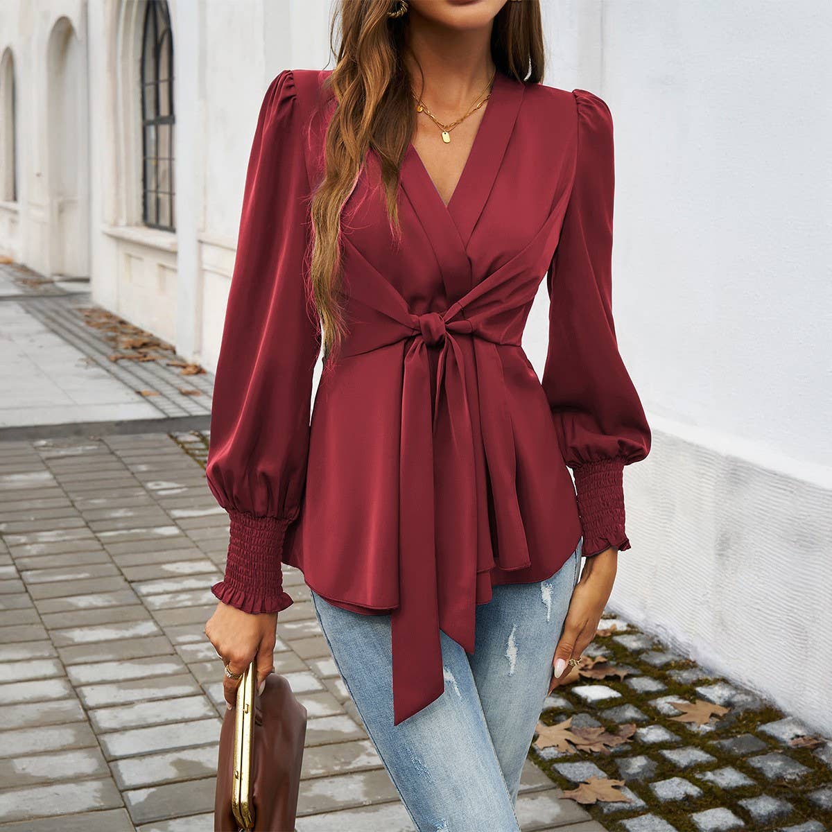 Temperament casual V-neck long sleeve shirt