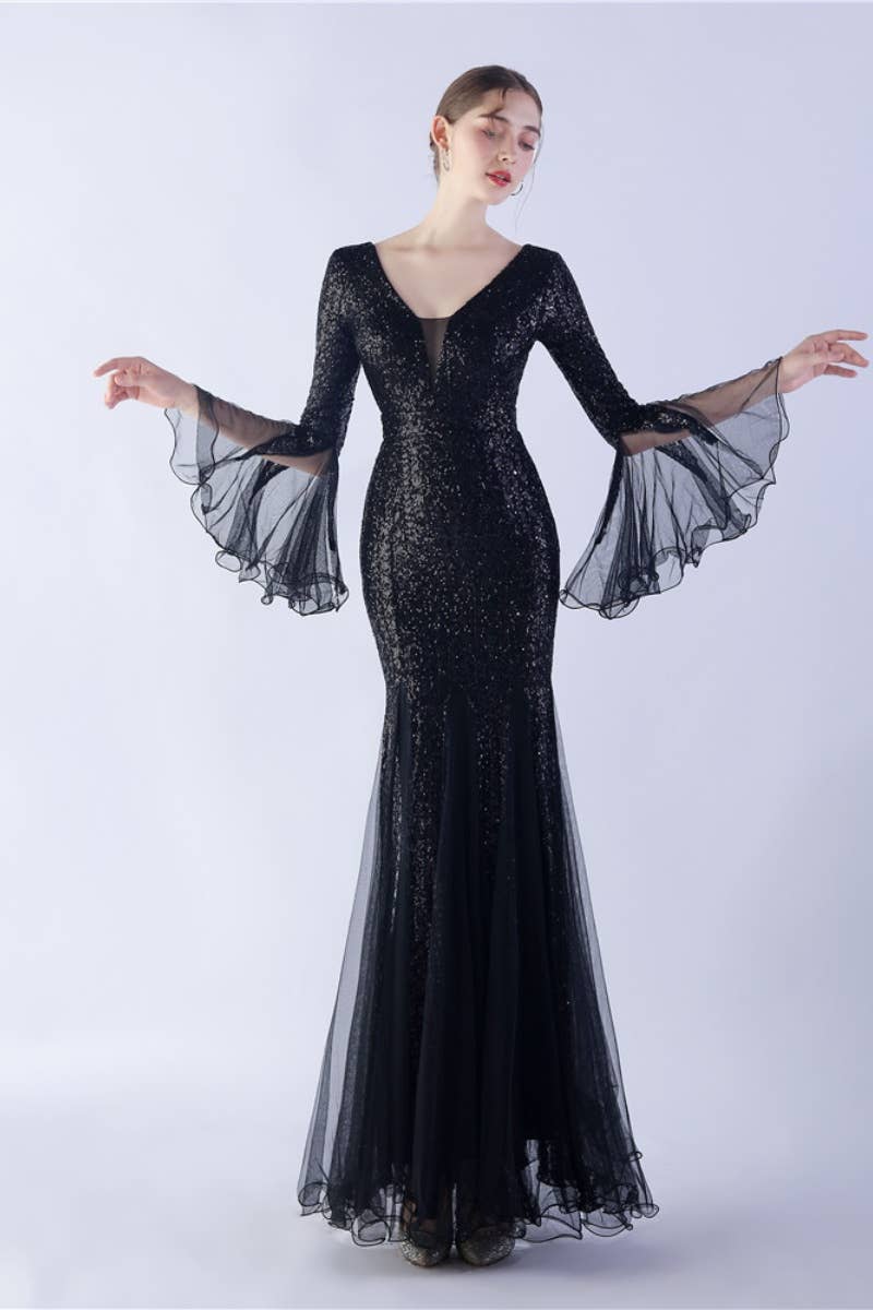 CWDMD3627_WAVY MESH BANQUET STAGE SEQUIN DRESS DRESS LONG