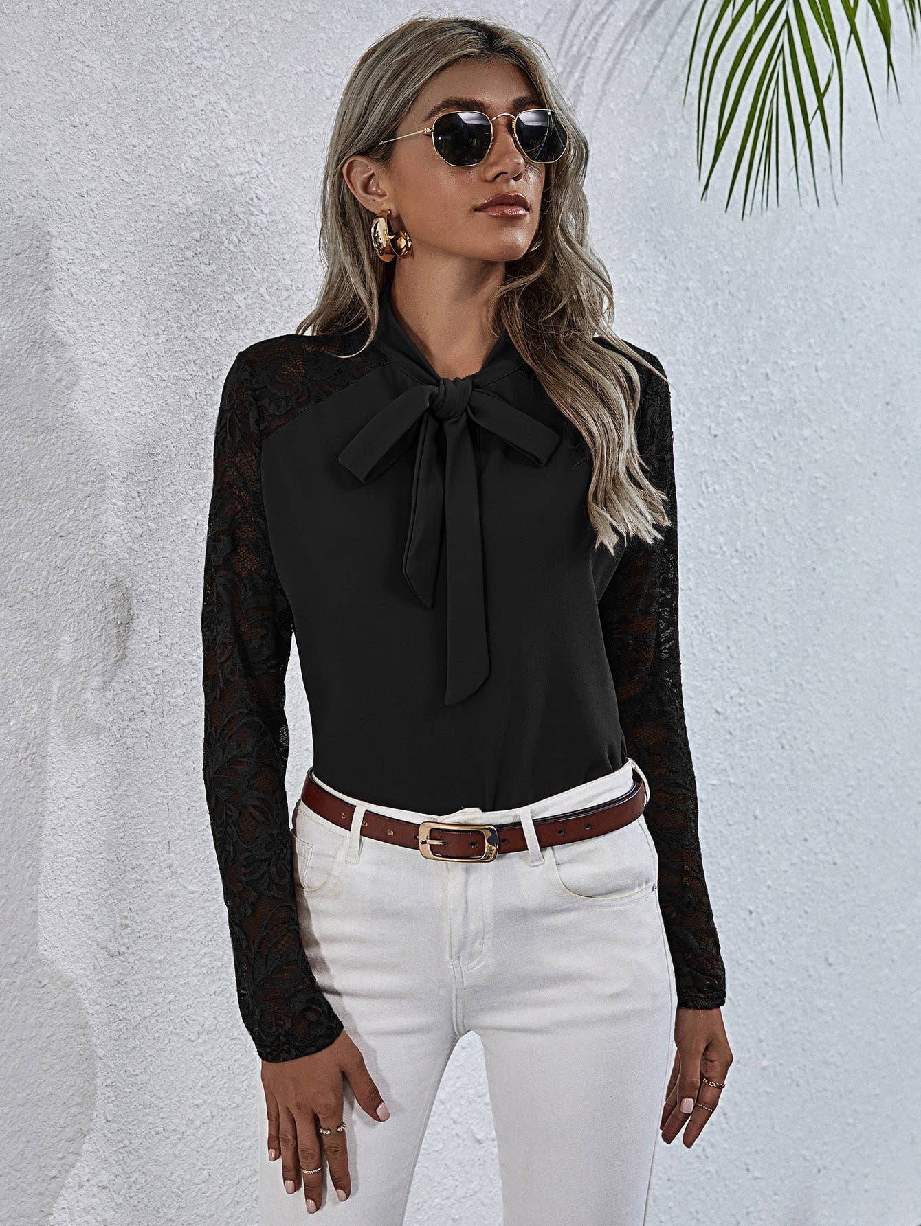 Solid-color lace patchwork long-sleeved shirt