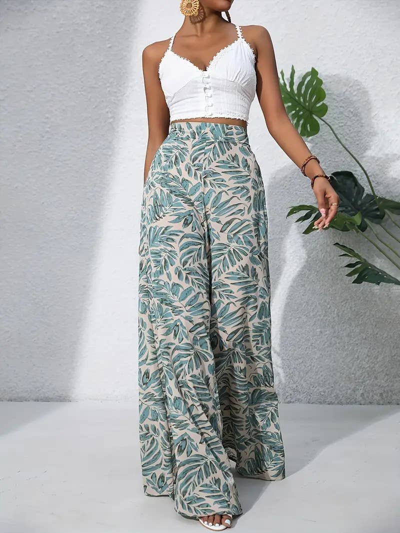 Plant-printed high-waisted wide-leg trousers