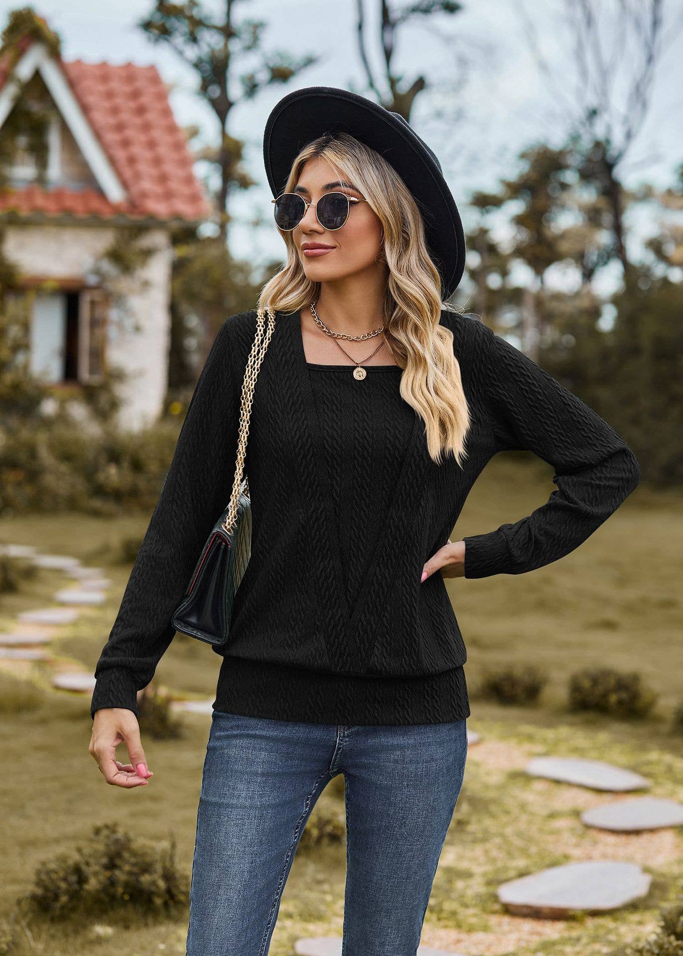 SQUARE NECK CROSS LONG SLEEVE LOOSE T-SHIRT