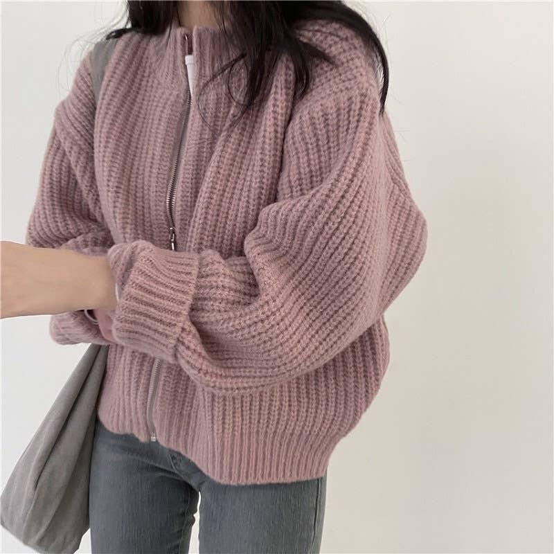 Solid-color zipper thick knitted cardigan