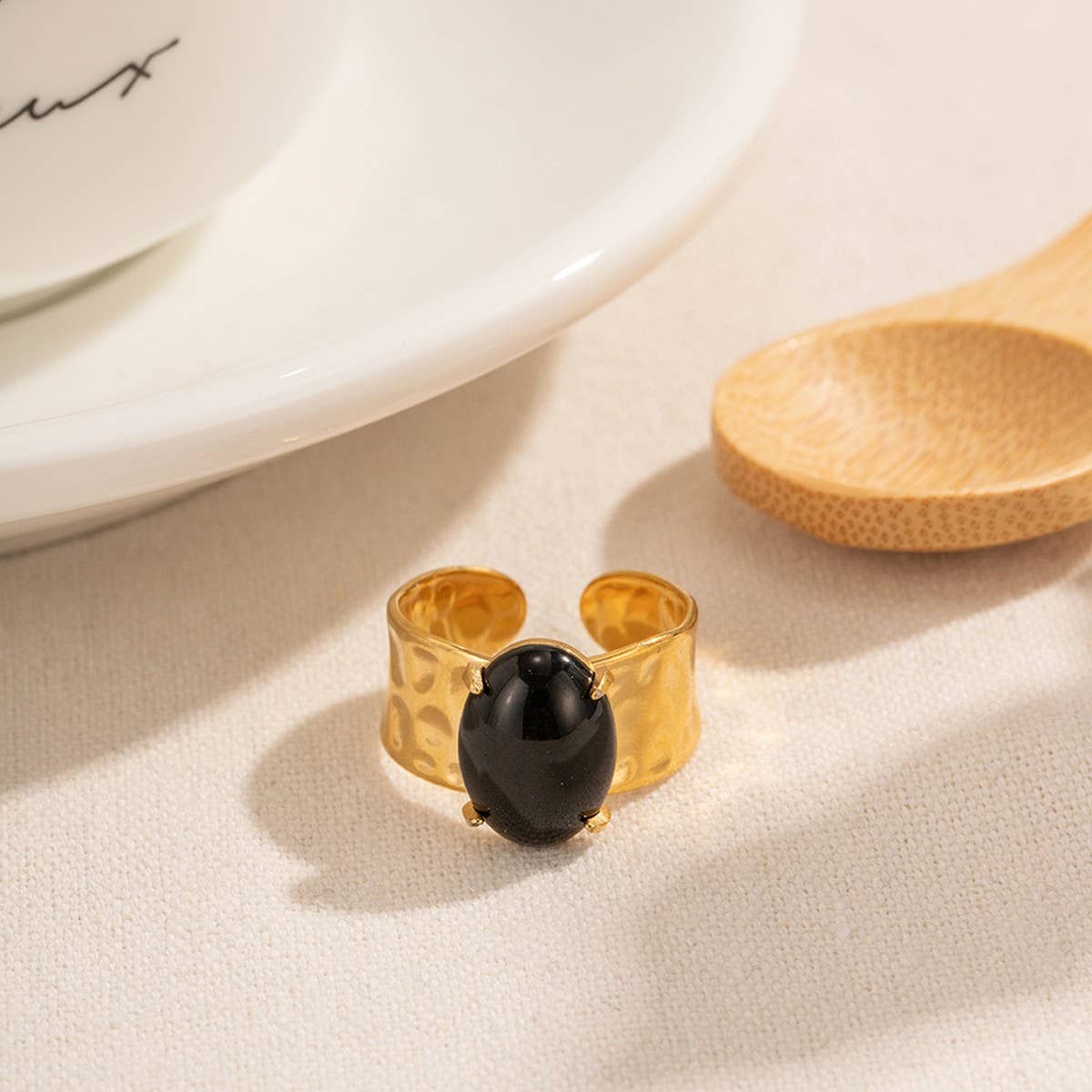 INLAID OBSIDIAN 18K GOLD PLATED WIDE RING