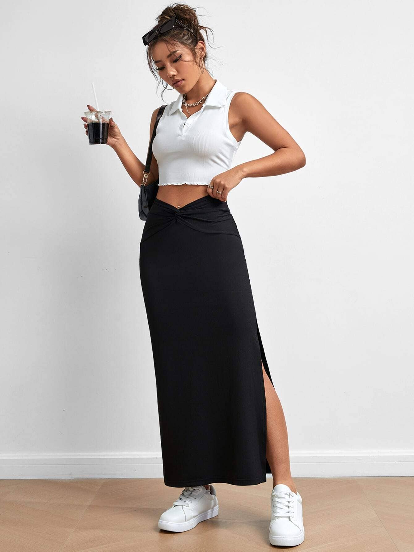 SIMPLE HIGH WAIST DRAPING FASHION SLIT SKIRT