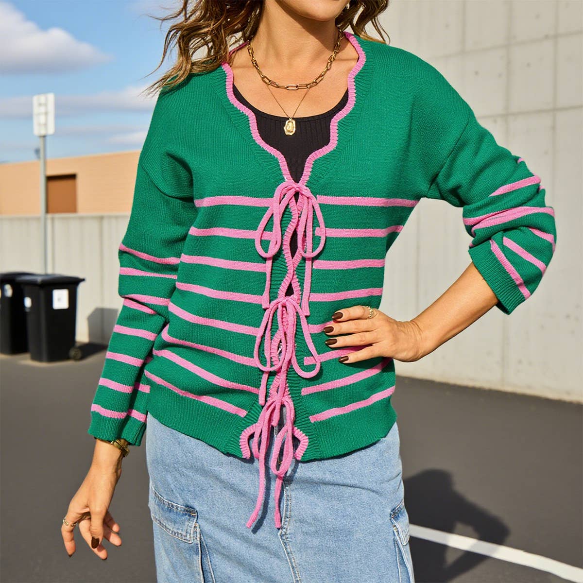 Striped color-blocked loose drawstring cardigan