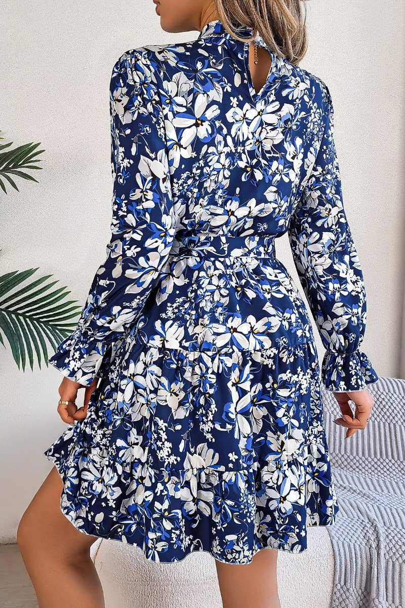 CWDSD6422_FLORAL TURTLENECK LONG SLEEVE PEPLUM DRESS SHORT