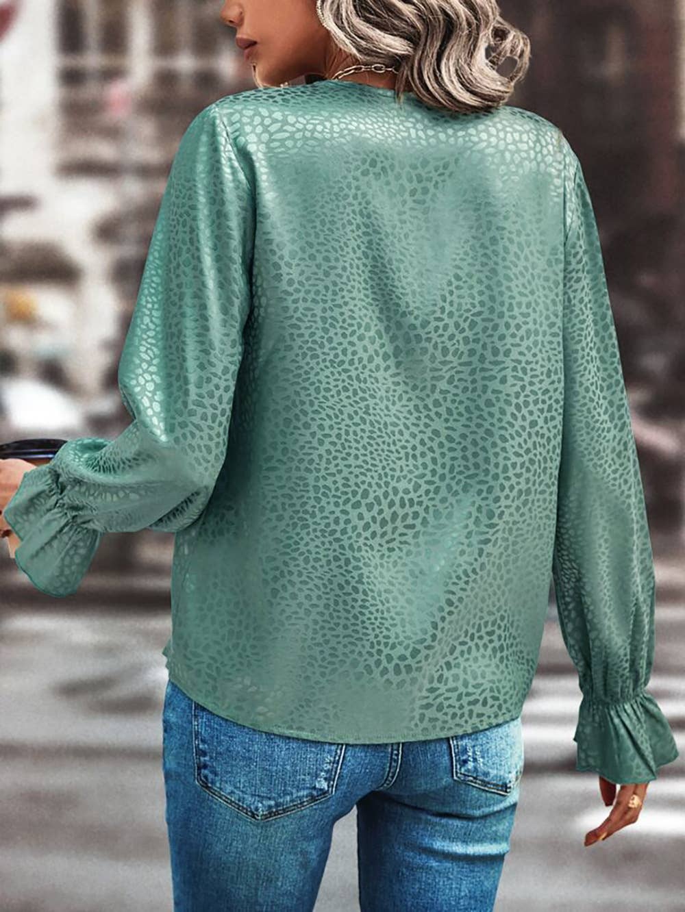 LACE V-NECK LEOPARD JACQUARD BLOUSE