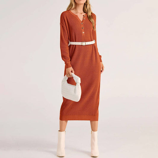 LONG-SLEEVED BUTTON-DOWN V-NECK SWEATER DRESS