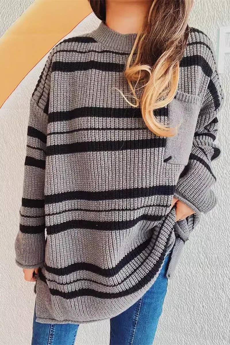 Thick pin stripe color contrast round neck pullover