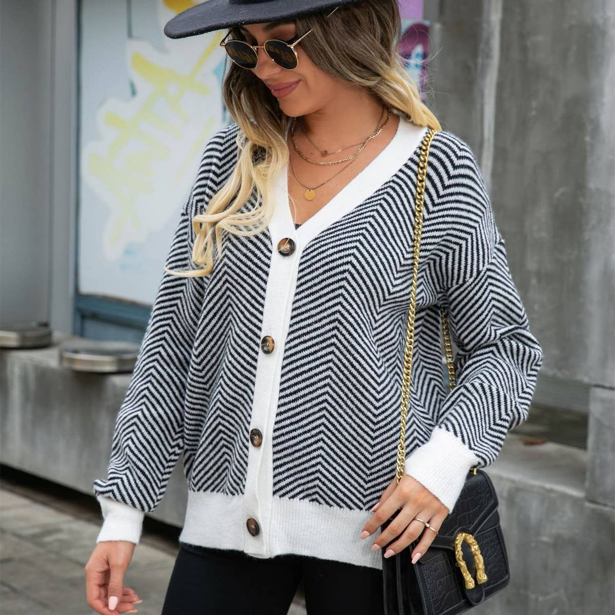 Striped patchwork loose single breasted cardigan