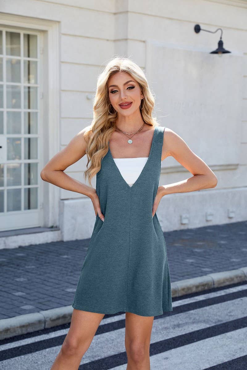 CWDSD7288_SOLID COLOR V-NECK SQUARE NECK REVERSIBLE DRESS