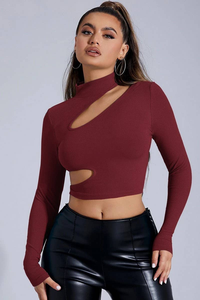 CWDSD6476_HALF TURTLENECK HOLLOW LONGSLEEVE SHORT TIGHT TOP