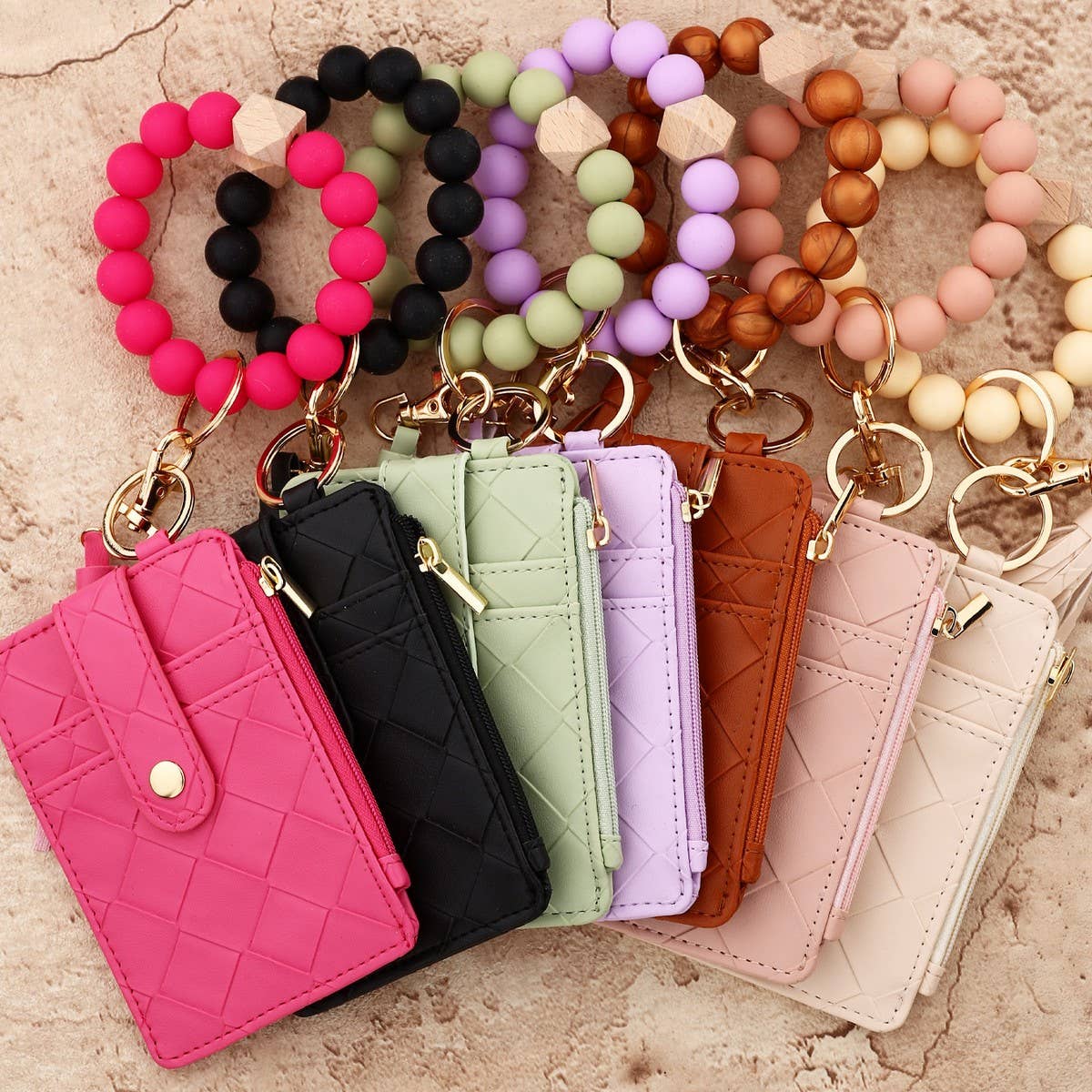 Checkered PU Card Walletwith Bead Bracelet Keychain_CWAB4958