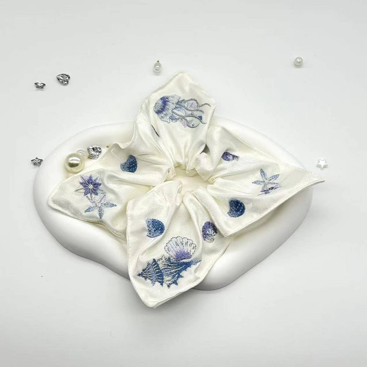 EMBROIDERED MARINE LIFE SQUARE SCARF HAIR TIE