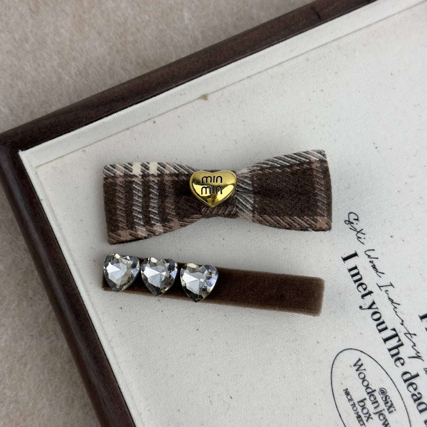 French fancy check rhinobrown heart bow hair clip