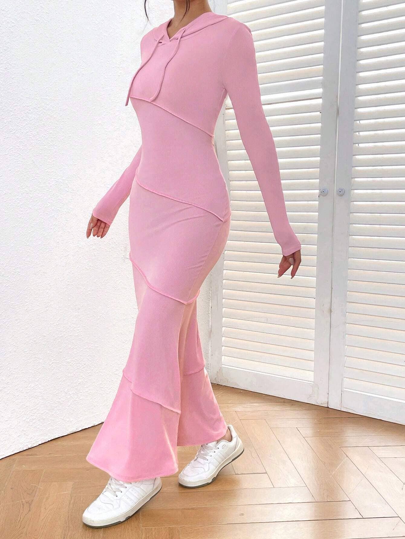 SLIM-FIT WRAP HIP HOODED FISHTAIL CASUAL DRESS